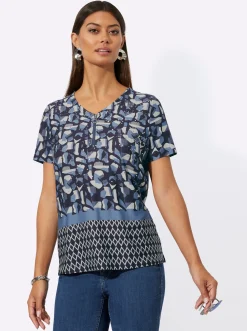 Shirts| Kurzarmshirt in hochwertiger Lyocell-Qualität mittelblau-marine-gemustert