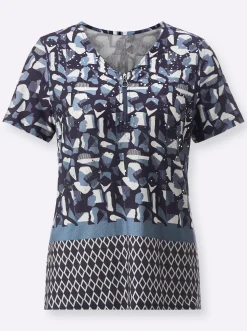 Shirts| Kurzarmshirt in hochwertiger Lyocell-Qualität mittelblau-marine-gemustert