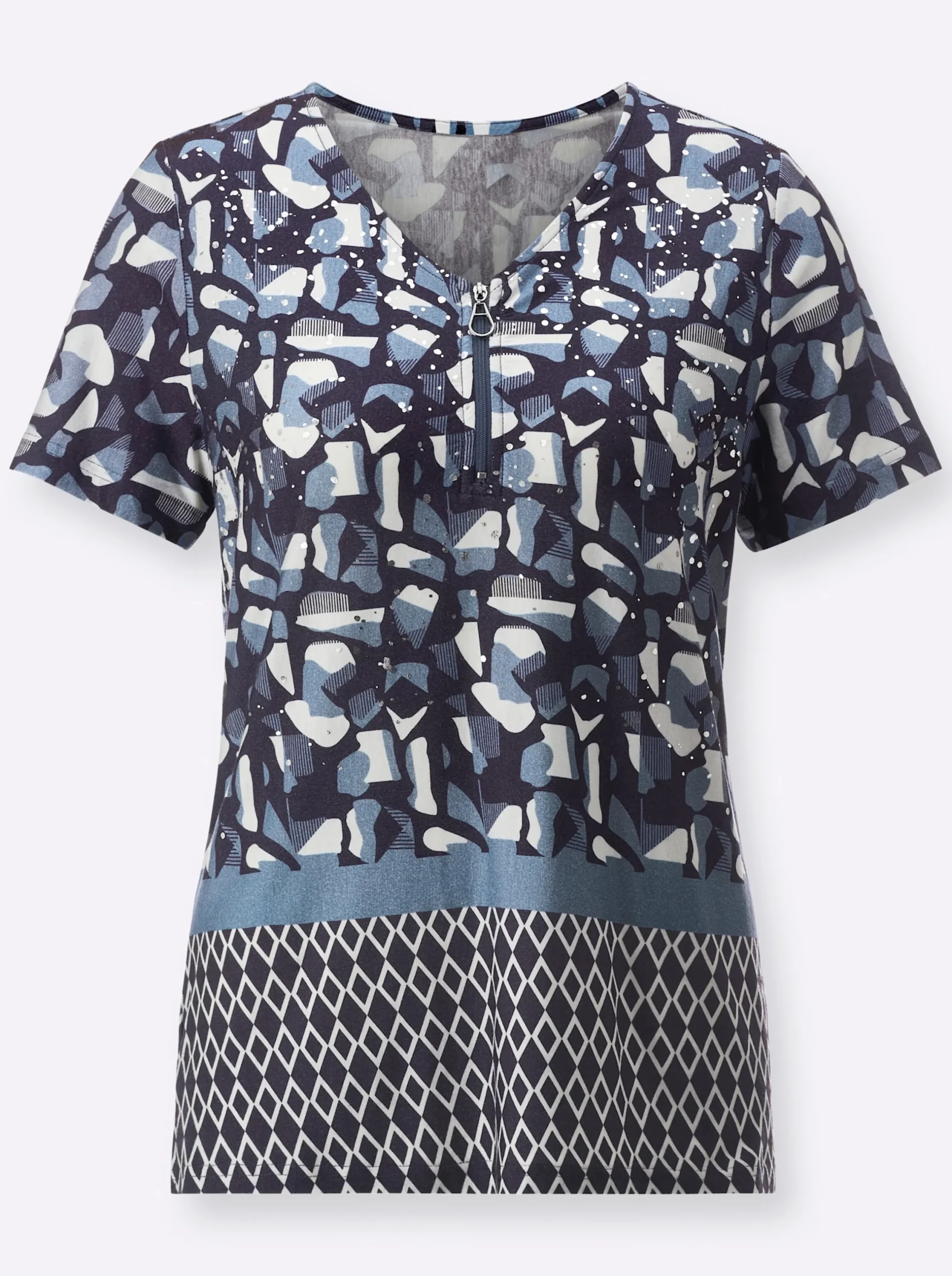 Shirts| Kurzarmshirt in hochwertiger Lyocell-Qualität mittelblau-marine-gemustert
