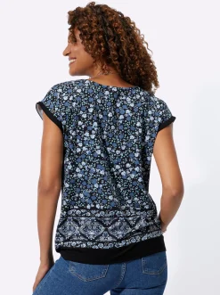 Shirts| Kurzarmshirt mit Bindeband am Saum jeansblau-schwarz-bedruckt