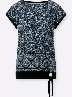 Shirts| Kurzarmshirt mit Bindeband am Saum jeansblau-schwarz-bedruckt