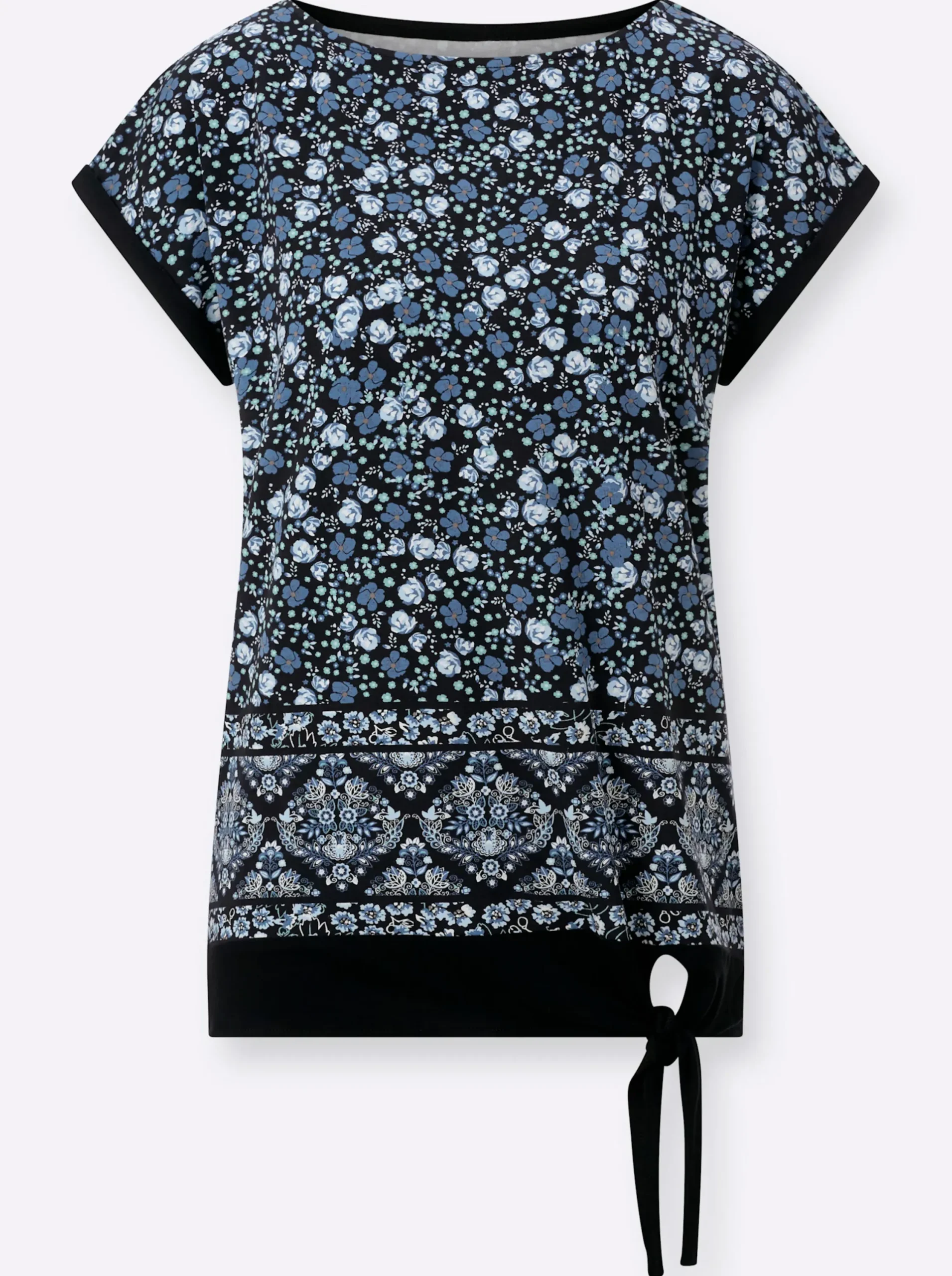 Shirts| Kurzarmshirt mit Bindeband am Saum jeansblau-schwarz-bedruckt
