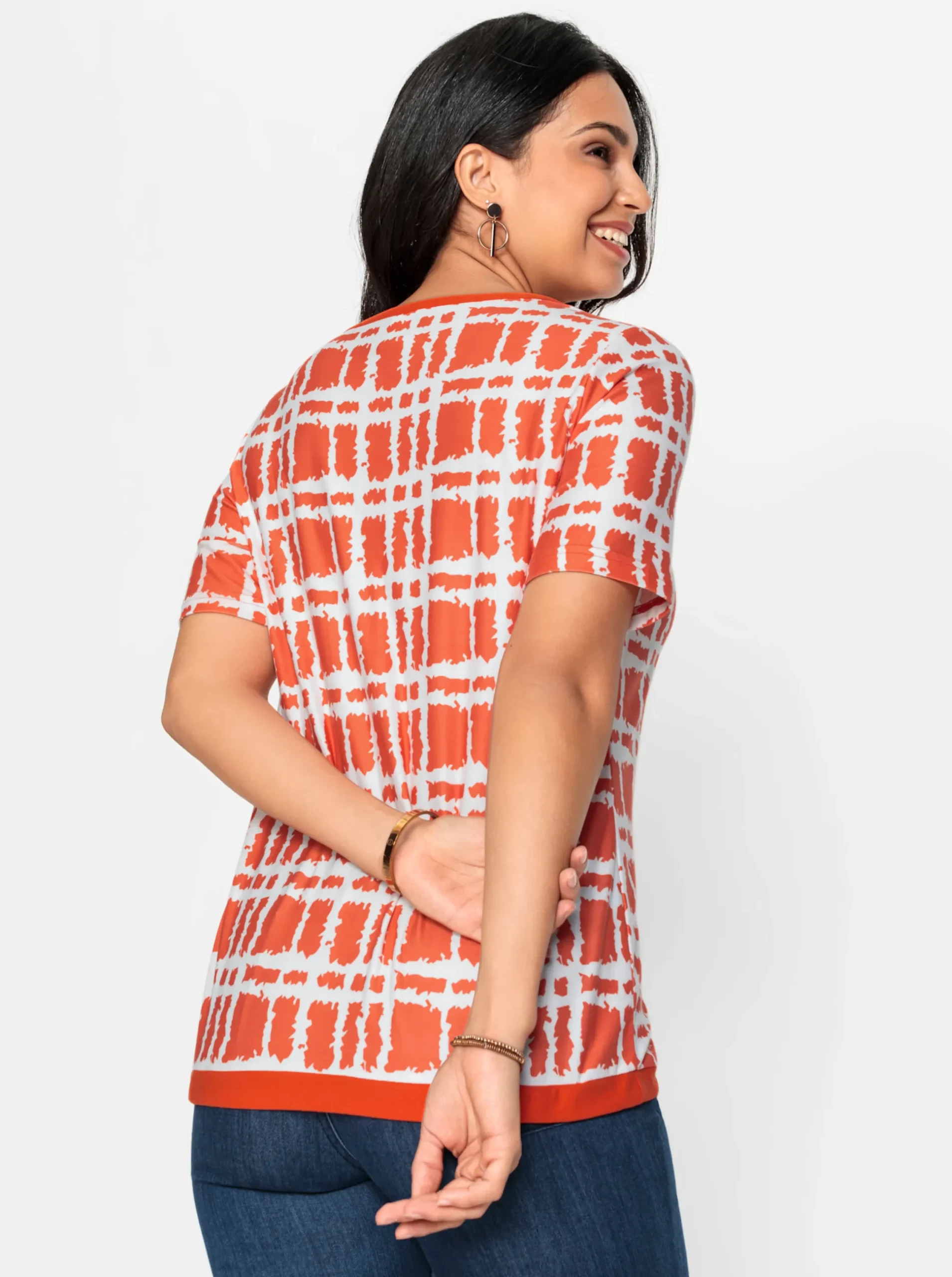Shirts| Kurzarmshirt mit Bindebändern orange-ecru-bedruckt