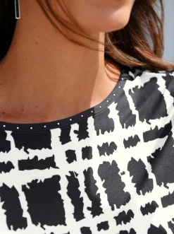 Shirts| Kurzarmshirt mit Bindebändern ecru-schwarz-bedruckt