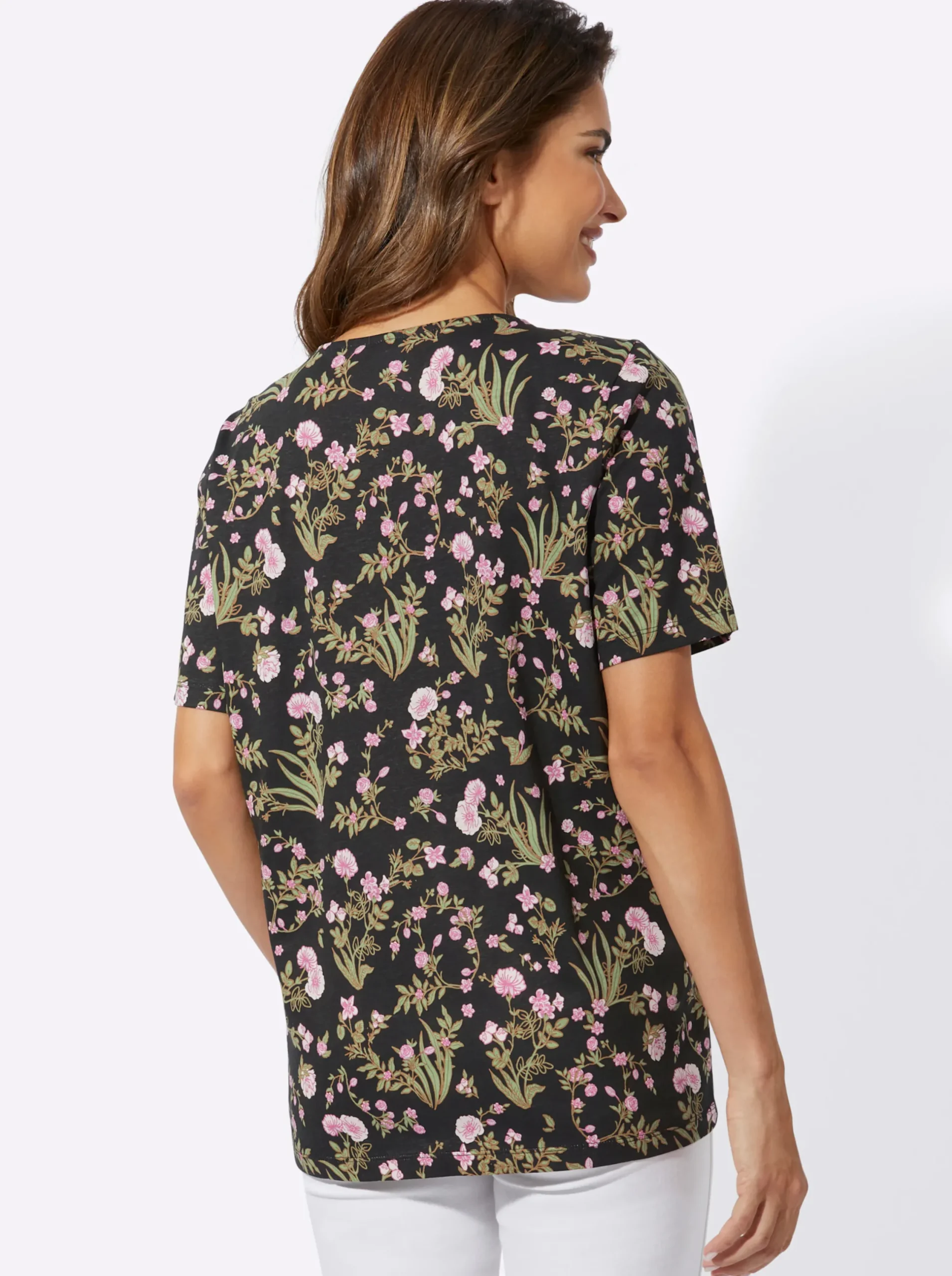 Shirts| Kurzarmshirt mit Blümchenmuster schwarz-rosé-bedruckt