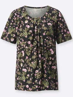 Shirts| Kurzarmshirt mit Blümchenmuster schwarz-rosé-bedruckt