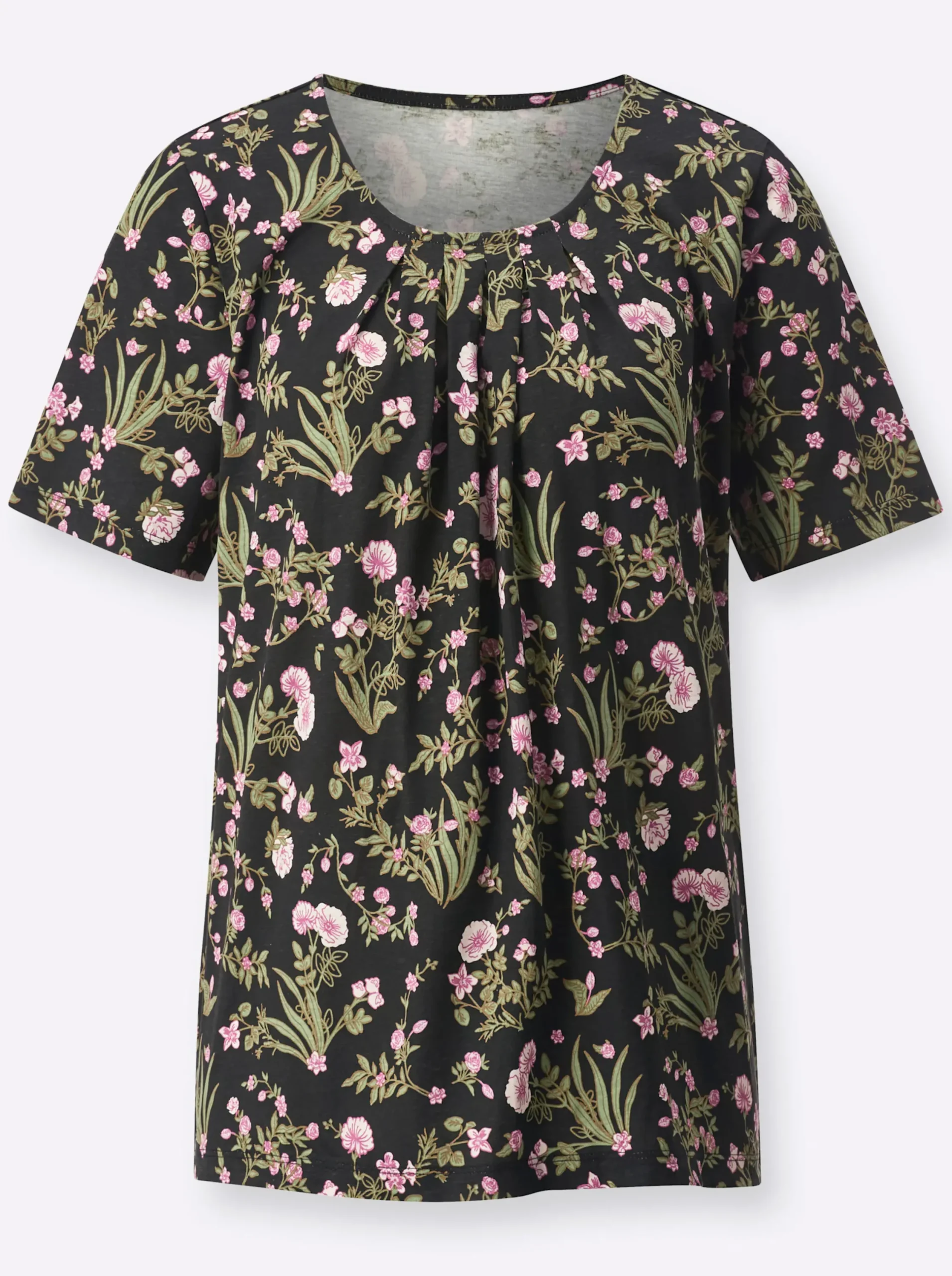 Shirts| Kurzarmshirt mit Blümchenmuster schwarz-rosé-bedruckt