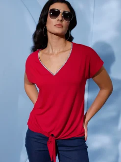 Shirts| Kurzarmshirt mit Bändern zum Knoten rot