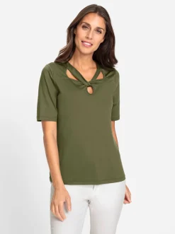 Shirts|heine Kurzarmshirt mit Cut-outs am Ausschnitt oliv