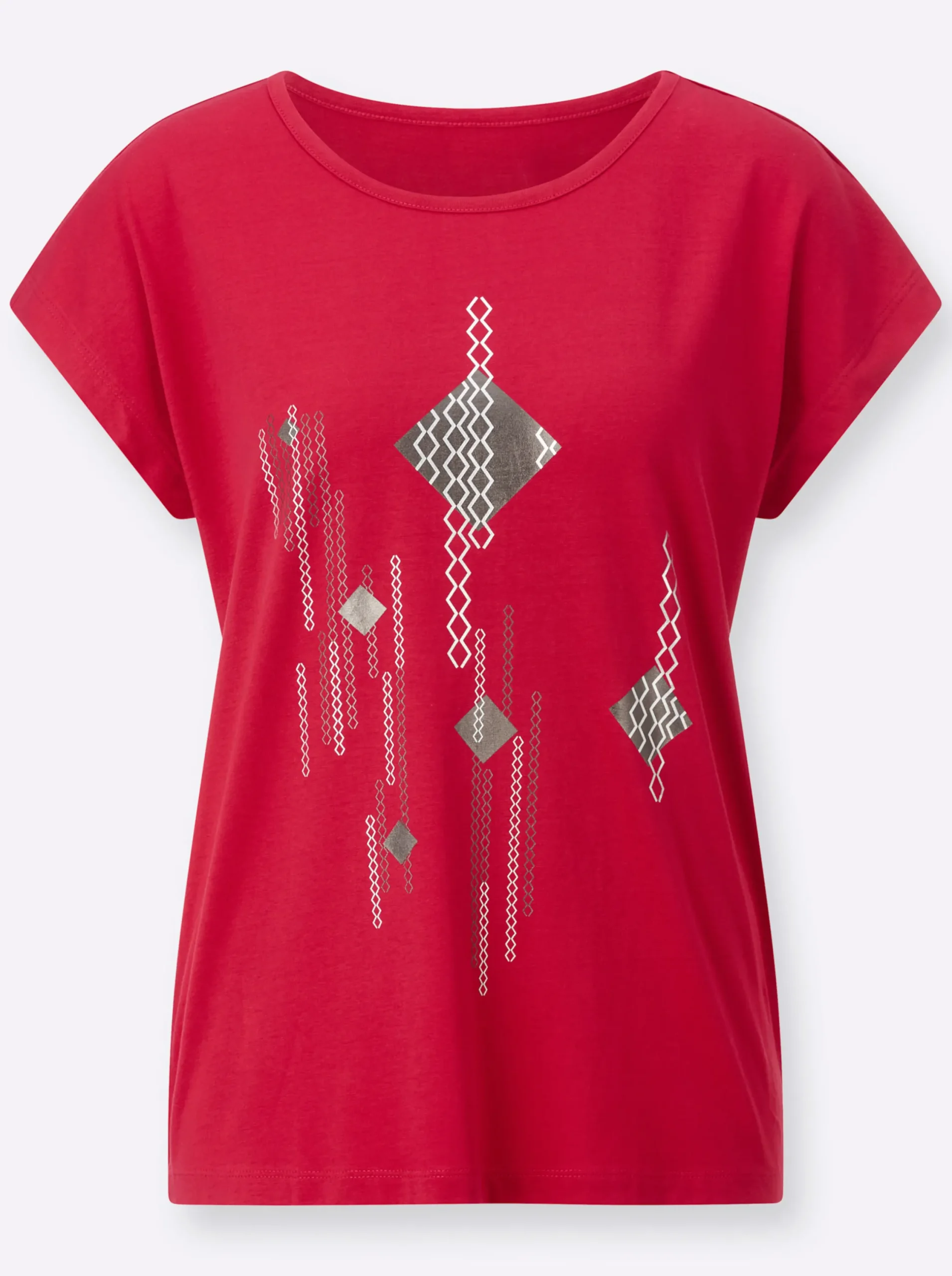 Shirts| Kurzarmshirt mit Folien-Print rot-schwarz