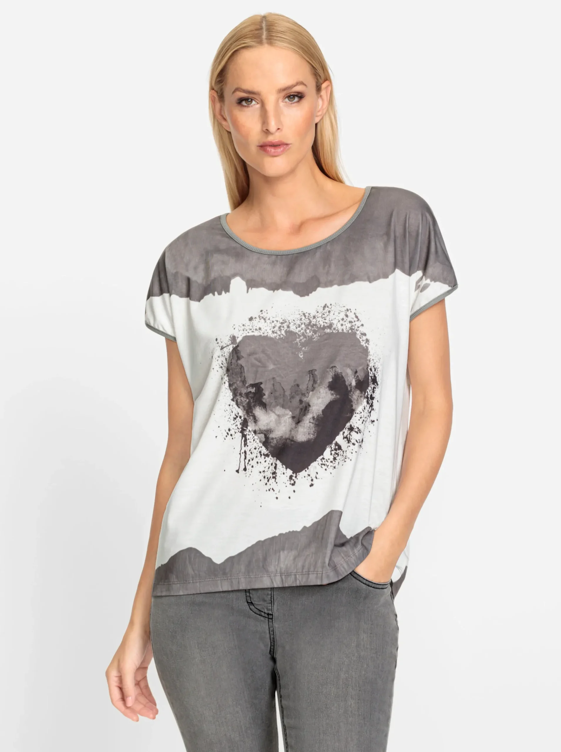 Strandmode|Blusen|heine Kurzarmshirt mit Herz-Motiv grau