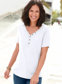 Shirts| Kurzarmshirt mit Knöpfchen am Herz-Ausschnitt weiß