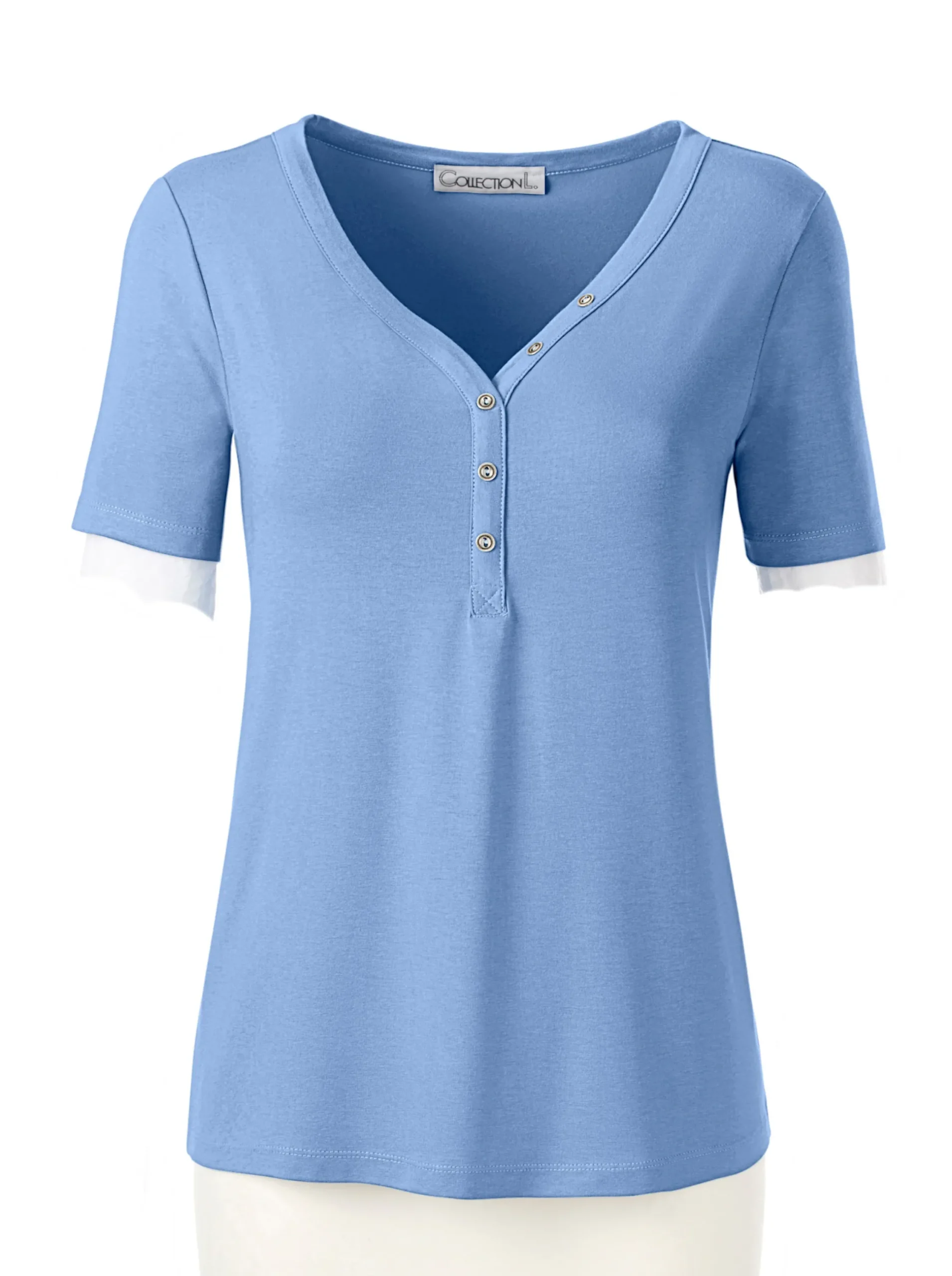 Shirts| Kurzarmshirt mit Knöpfchen am Herz-Ausschnitt bleu