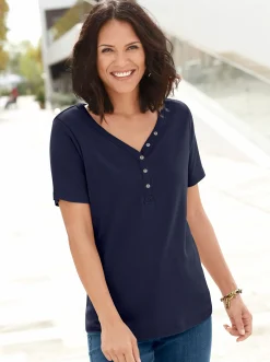 Shirts| Kurzarmshirt mit Knöpfchen am Herz-Ausschnitt marine