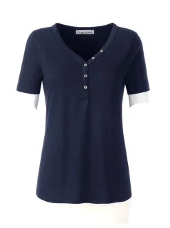 Shirts| Kurzarmshirt mit Knöpfchen am Herz-Ausschnitt marine