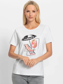 Shirts|heine Kurzarmshirt mit Pailletten und Glitzersteinen weiß-koralle-bedruckt