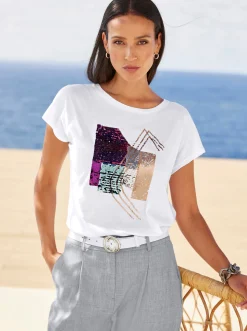 Shirts|heine Kurzarmshirt mit Pailletten weiß
