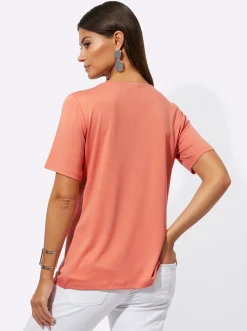 Shirts| Kurzarmshirt mit Reißverschluss am V-Ausschnitt papaya