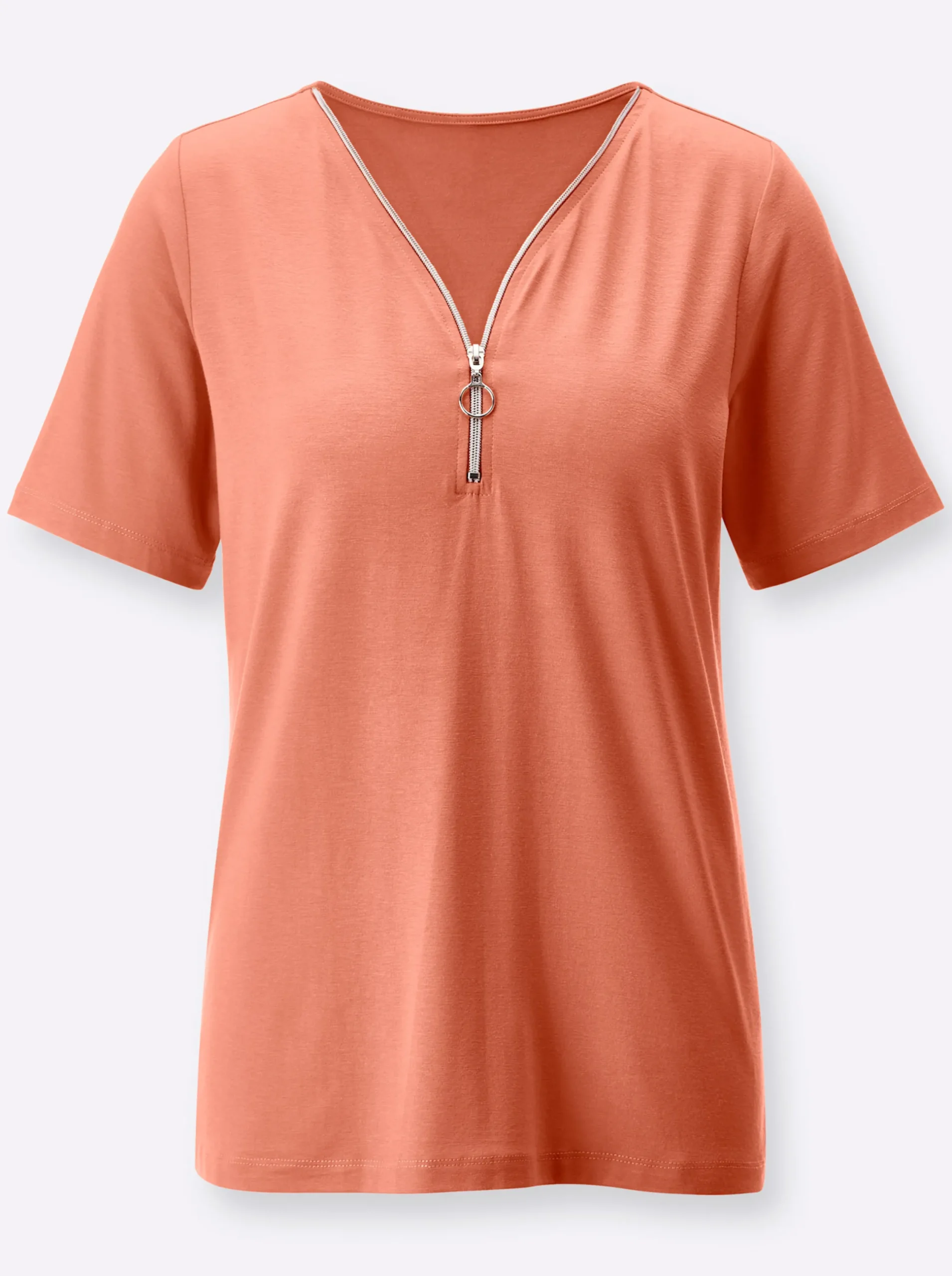 Shirts| Kurzarmshirt mit Reißverschluss am V-Ausschnitt papaya