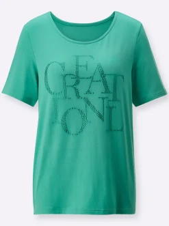 Shirts| Kurzarmshirt mit Schriftzug aus Glitzersteinchen blaugrün