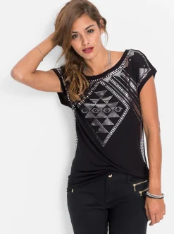 Shirts| Kurzarmshirt mit silberfarbenem Druck schwarz-silberfarben-bedruckt