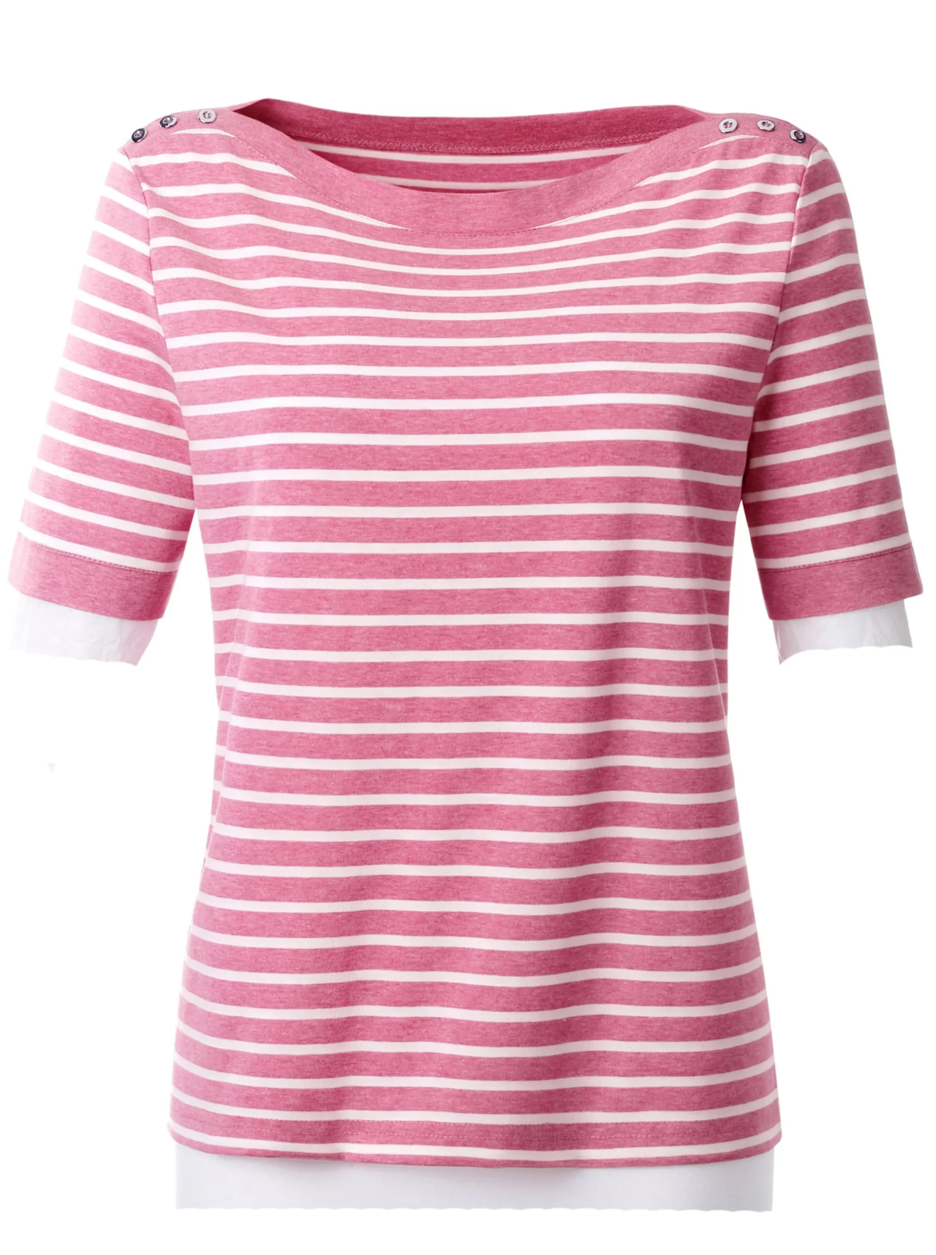 Shirts| Kurzarmshirt mit silberfarbigen Metallknöpfen rosé-weiß