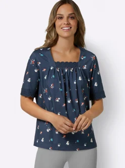 Shirts| Kurzarmshirt mit Spitze am Ausschnitt dunkelblau-flamingo-bedruckt