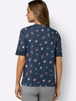 Shirts| Kurzarmshirt mit Spitze am Ausschnitt dunkelblau-flamingo-bedruckt