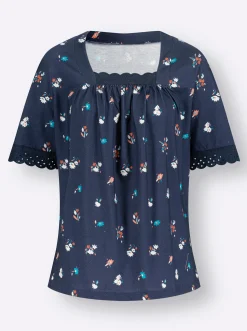 Shirts| Kurzarmshirt mit Spitze am Ausschnitt dunkelblau-flamingo-bedruckt