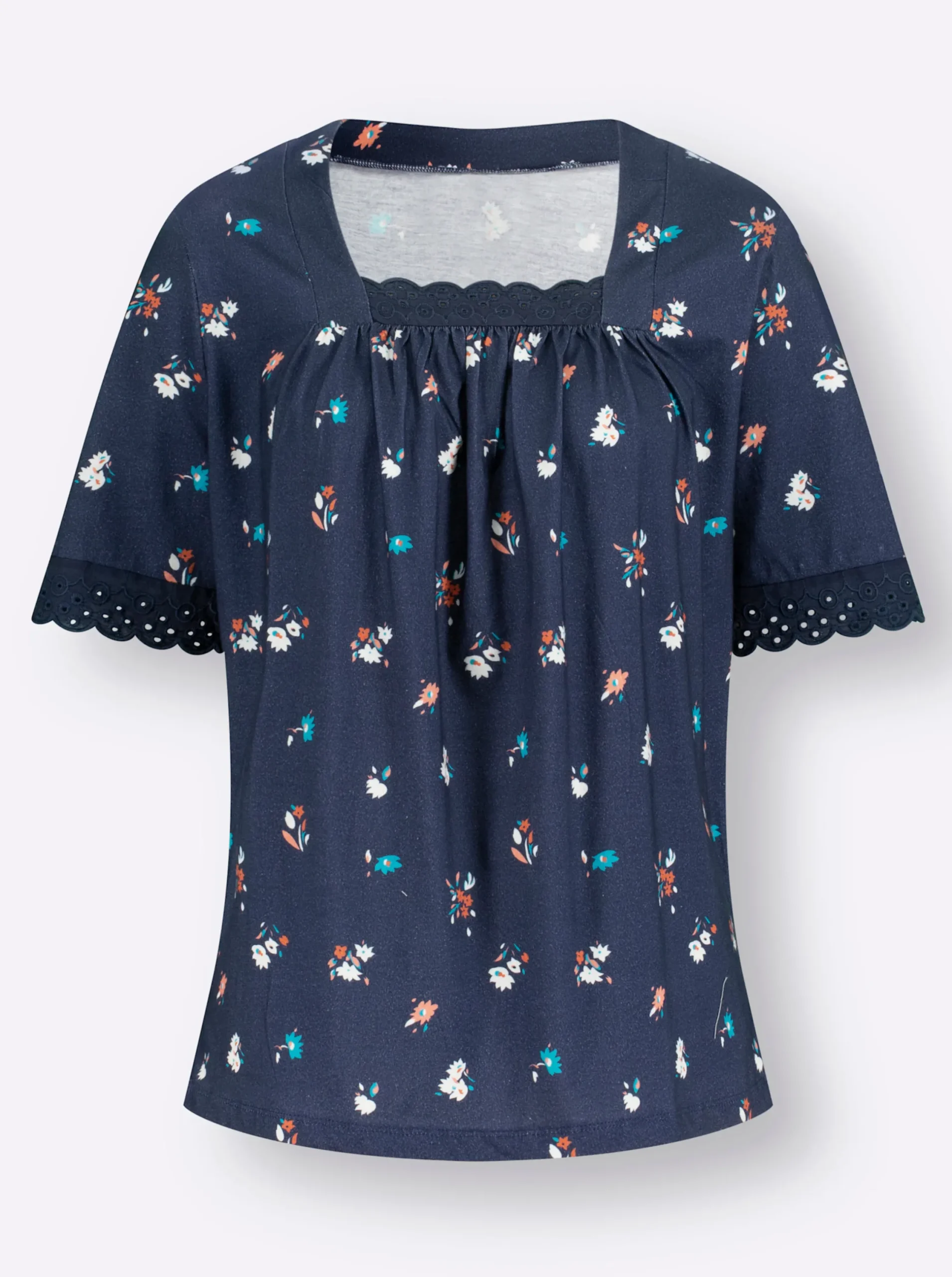 Shirts| Kurzarmshirt mit Spitze am Ausschnitt dunkelblau-flamingo-bedruckt