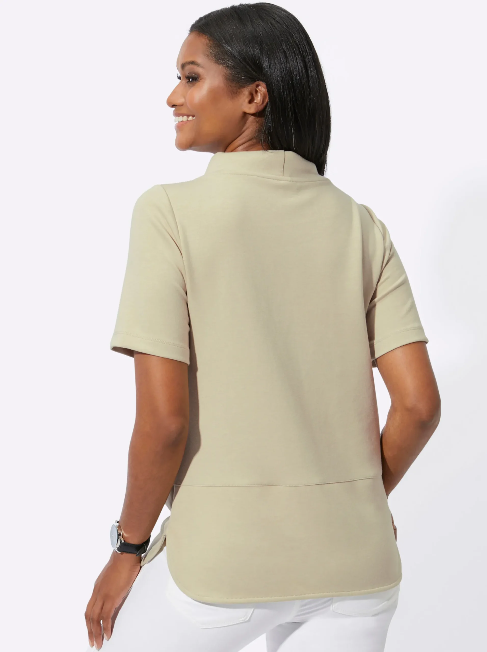 Shirts| Kurzarmshirt mit Stehkragen sand