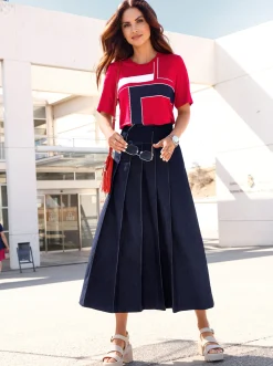 Shirts| Kurzarmshirt mit Steinchen-Verzierung marine-rot-bedruckt