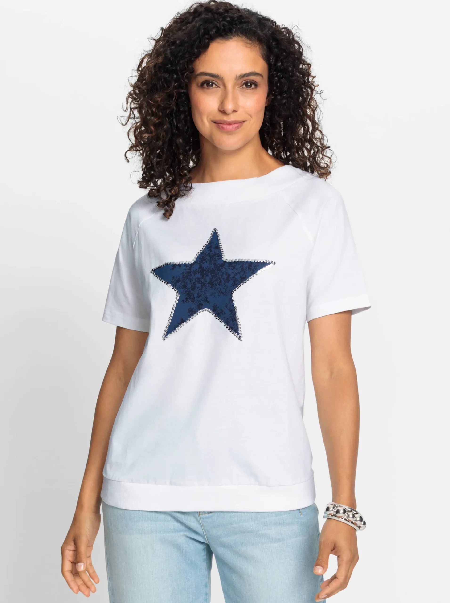 Shirts| Kurzarmshirt mit Stern-Motiv weiß-mittelblau-bedruckt