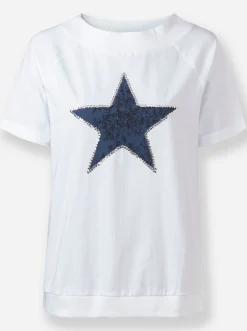 Shirts| Kurzarmshirt mit Stern-Motiv weiß-mittelblau-bedruckt