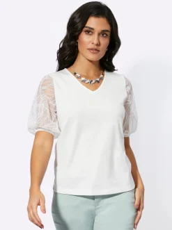 Shirts| Kurzarmshirt mit transparenten Puffärmeln ecru
