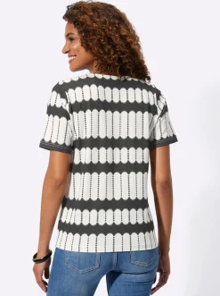 Shirts| Kurzarmshirt mit V-Ausschnitt schwarz-ecru-bedruckt