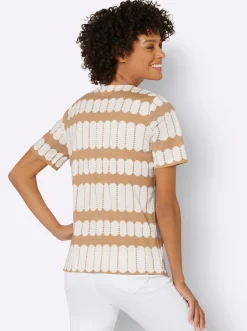 Shirts| Kurzarmshirt mit V-Ausschnitt camel-ecru-bedruckt