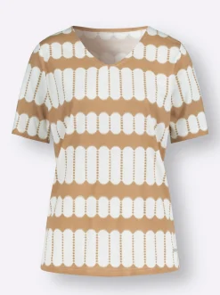 Shirts| Kurzarmshirt mit V-Ausschnitt camel-ecru-bedruckt