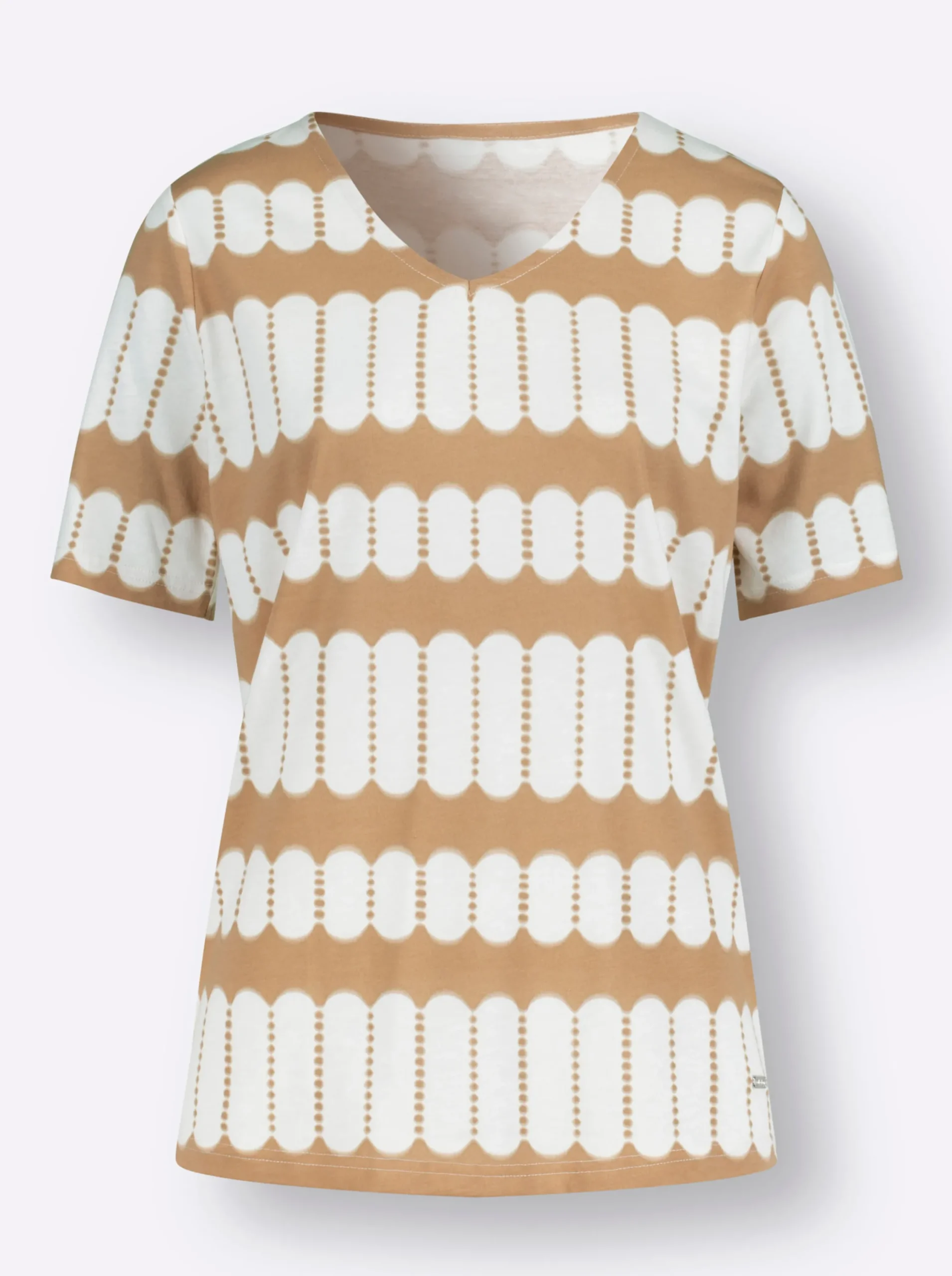 Shirts| Kurzarmshirt mit V-Ausschnitt camel-ecru-bedruckt