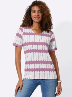 Shirts| Kurzarmshirt mit V-Ausschnitt orchidee-ecru-bedruckt