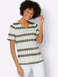Shirts| Kurzarmshirt mit V-Ausschnitt khaki-ecru-bedruckt