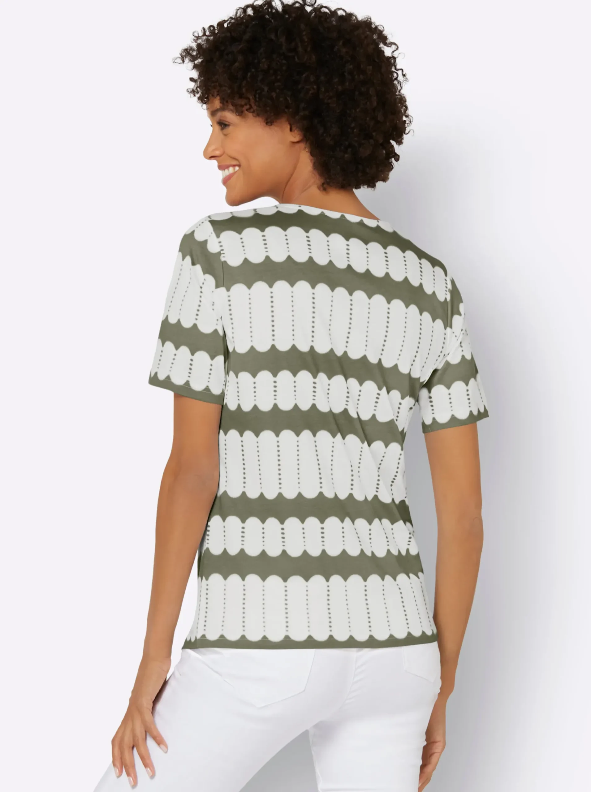 Shirts| Kurzarmshirt mit V-Ausschnitt khaki-ecru-bedruckt
