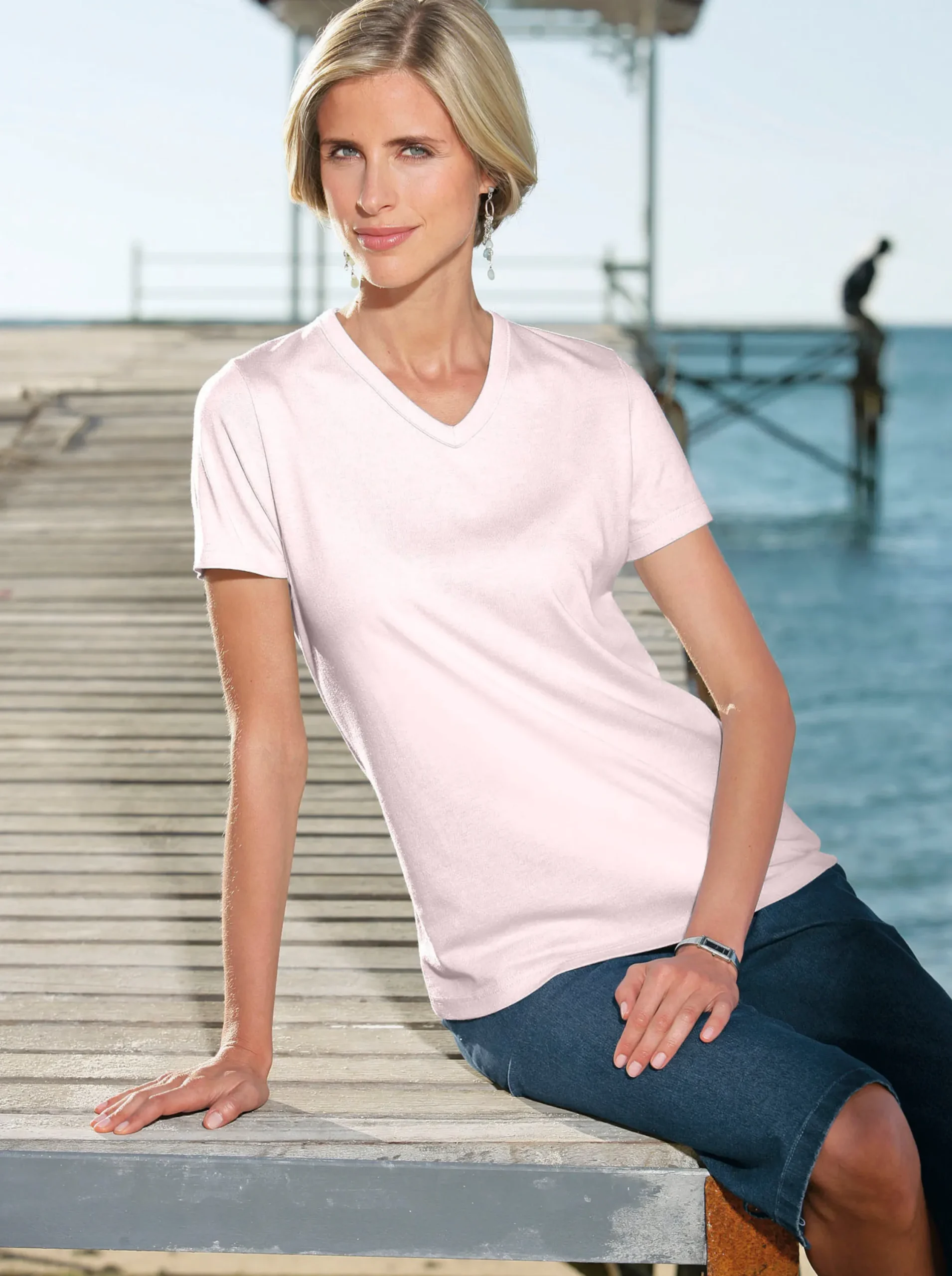 Shirts| Kurzarmshirt mit V-Ausschnitt rosé