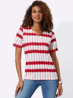 Shirts| Kurzarmshirt mit V-Ausschnitt rot-ecru-bedruckt