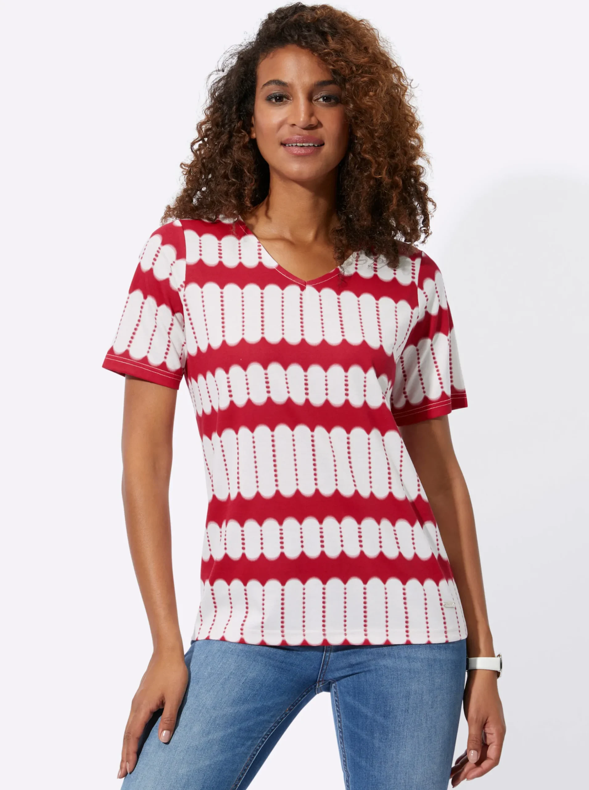 Shirts| Kurzarmshirt mit V-Ausschnitt rot-ecru-bedruckt