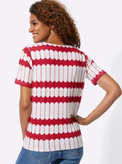 Shirts| Kurzarmshirt mit V-Ausschnitt rot-ecru-bedruckt