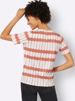 Shirts| Kurzarmshirt mit V-Ausschnitt papaya-ecru-bedruckt