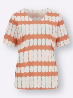 Shirts| Kurzarmshirt mit V-Ausschnitt papaya-ecru-bedruckt