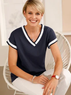 Shirts| Kurzarmshirt mit Zierband marine