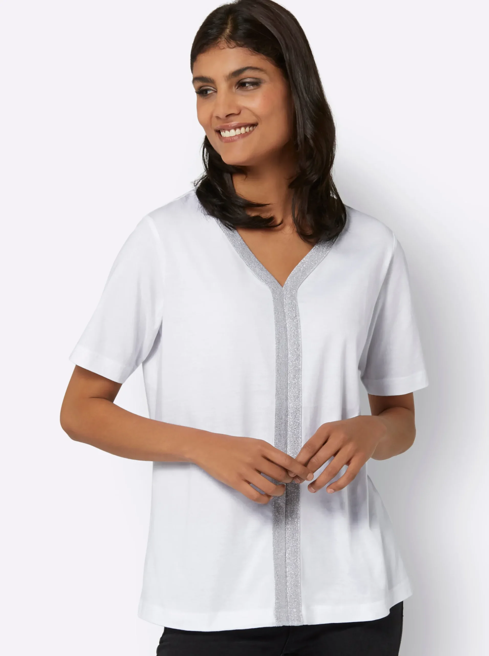 Shirts| Kurzarmshirt mit Zierband weiß
